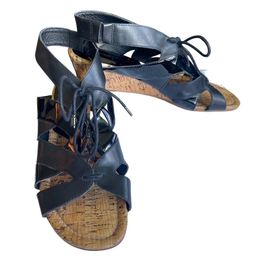 Donald J. Pliner Black Leather Dalie Lace up Wedge Slingback Sandals. Siโฆ